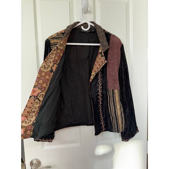 90s Tapestry & velour blazer jacket Neo Nostalgia Vintage patchwork Brown Medium - Picture 8 of 10